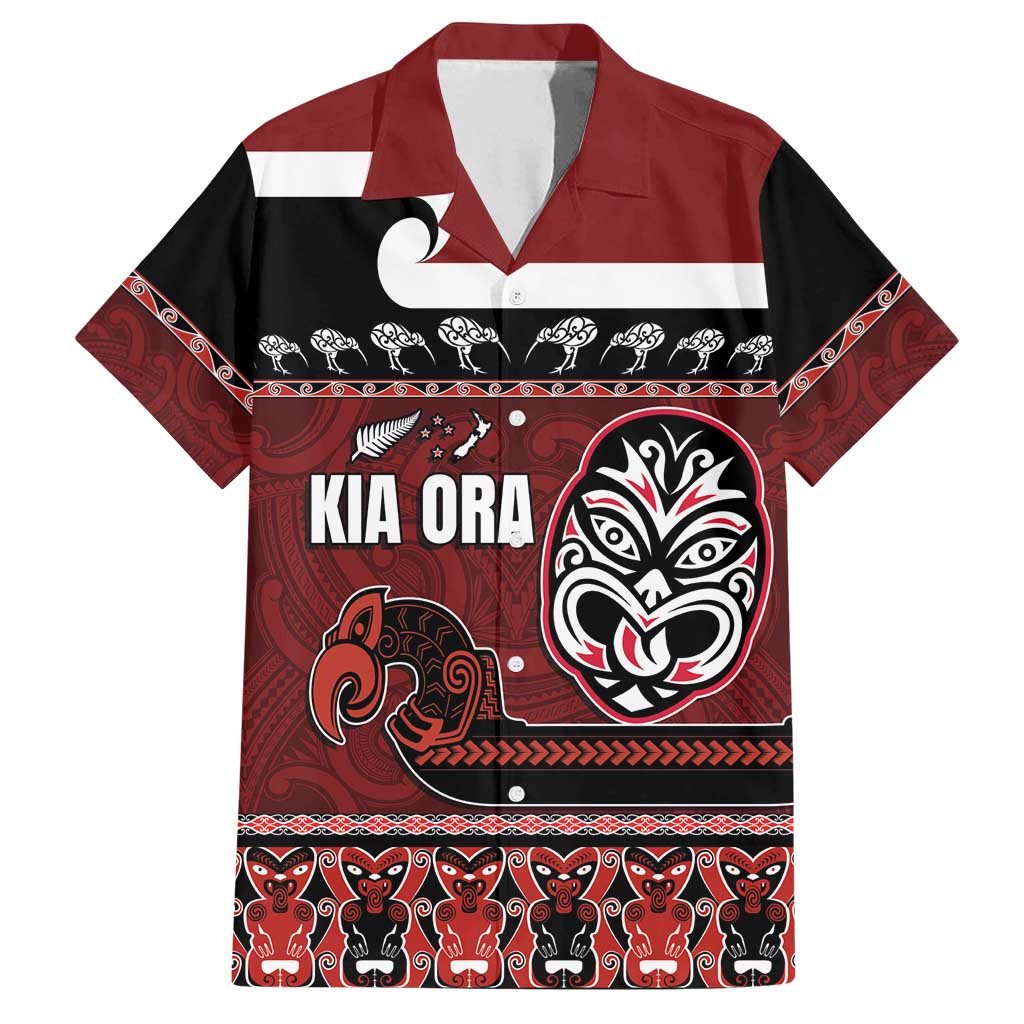 New Zealand Culture Family Matching Long Sleeve Bodycon Dress and Hawaiian Shirt Kia Ora Aotearoa Moko Tattoo Mask with Waka and Maori Art Pattern LT03 Dad's Shirt - Short Sleeve Red - Polynesian Pride