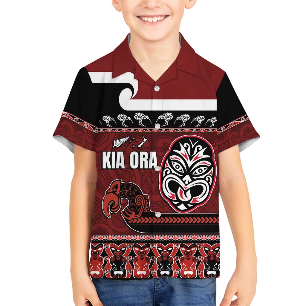 New Zealand Culture Family Matching Long Sleeve Bodycon Dress and Hawaiian Shirt Kia Ora Aotearoa Moko Tattoo Mask with Waka and Maori Art Pattern LT03 Son's Shirt Red - Polynesian Pride