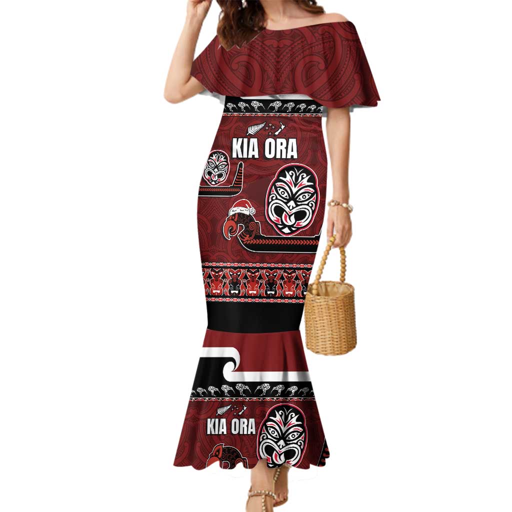 New Zealand Culture Family Matching Mermaid Dress and Hawaiian Shirt Kia Ora Aotearoa Moko Tattoo Mask with Waka and Maori Art Pattern LT03 Mom's Dress Red - Polynesian Pride