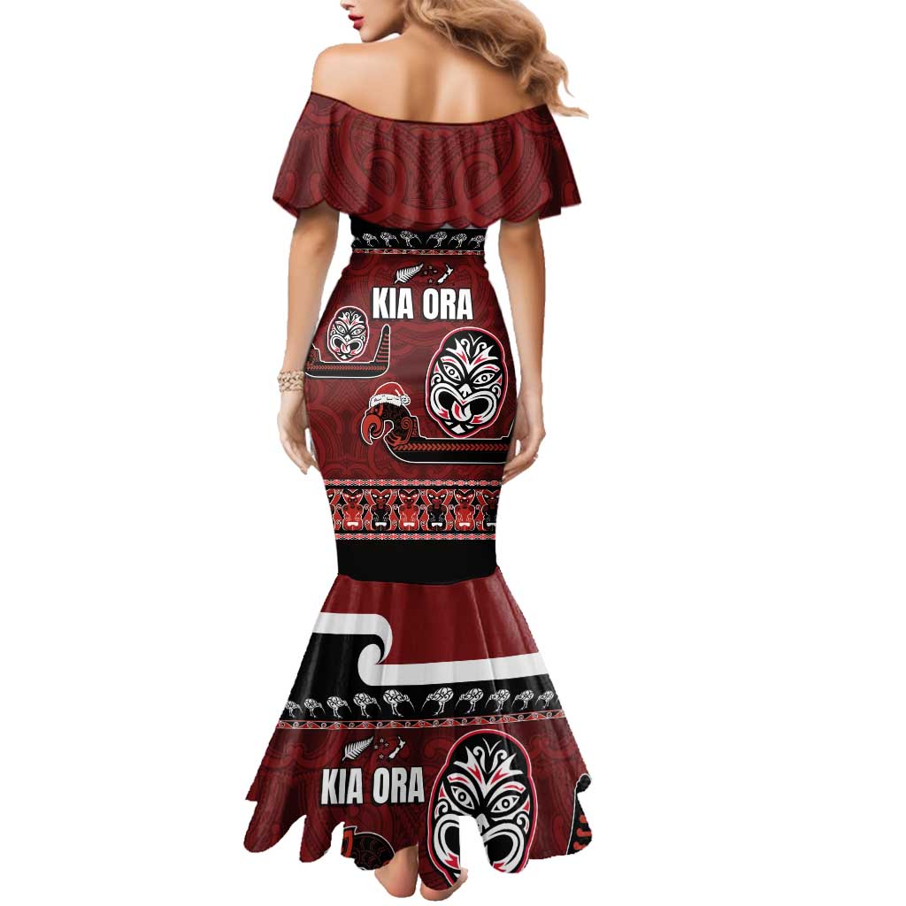 New Zealand Culture Family Matching Mermaid Dress and Hawaiian Shirt Kia Ora Aotearoa Moko Tattoo Mask with Waka and Maori Art Pattern LT03 - Polynesian Pride