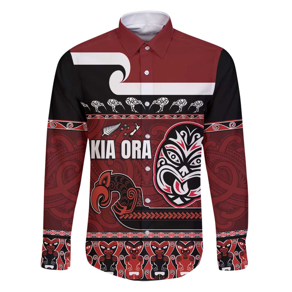 New Zealand Culture Family Matching Puletasi and Hawaiian Shirt Kia Ora Aotearoa Moko Tattoo Mask with Waka and Maori Art Pattern LT03 Dad's Shirt - Long Sleeve Red - Polynesian Pride