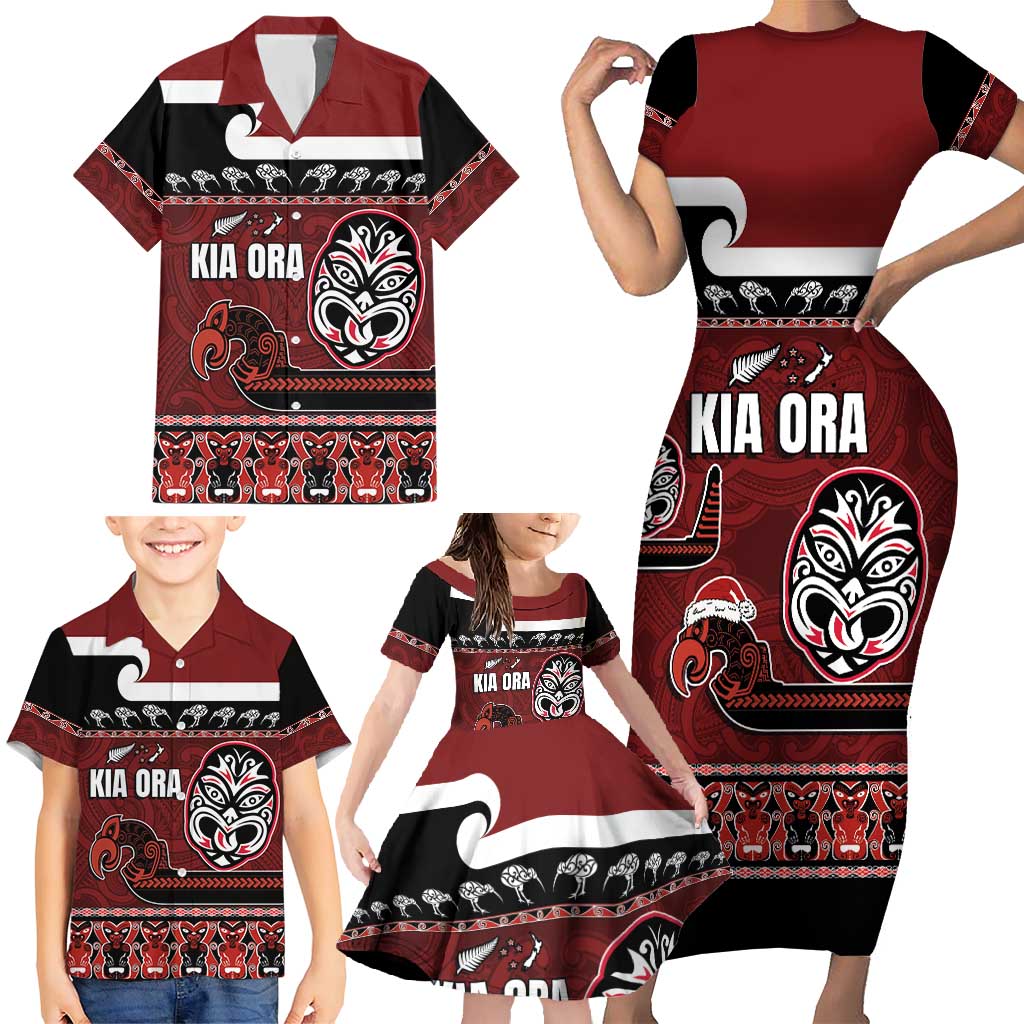 New Zealand Culture Family Matching Short Sleeve Bodycon Dress and Hawaiian Shirt Kia Ora Aotearoa Moko Tattoo Mask with Waka and Maori Art Pattern LT03 - Polynesian Pride