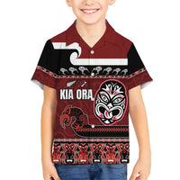 New Zealand Culture Family Matching Short Sleeve Bodycon Dress and Hawaiian Shirt Kia Ora Aotearoa Moko Tattoo Mask with Waka and Maori Art Pattern LT03 Son's Shirt Red - Polynesian Pride