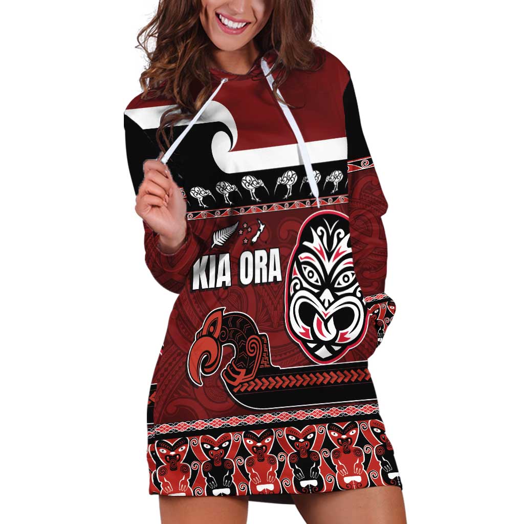 New Zealand Culture Hoodie Dress Kia Ora Aotearoa Moko Tattoo Mask with Waka and Maori Art Pattern