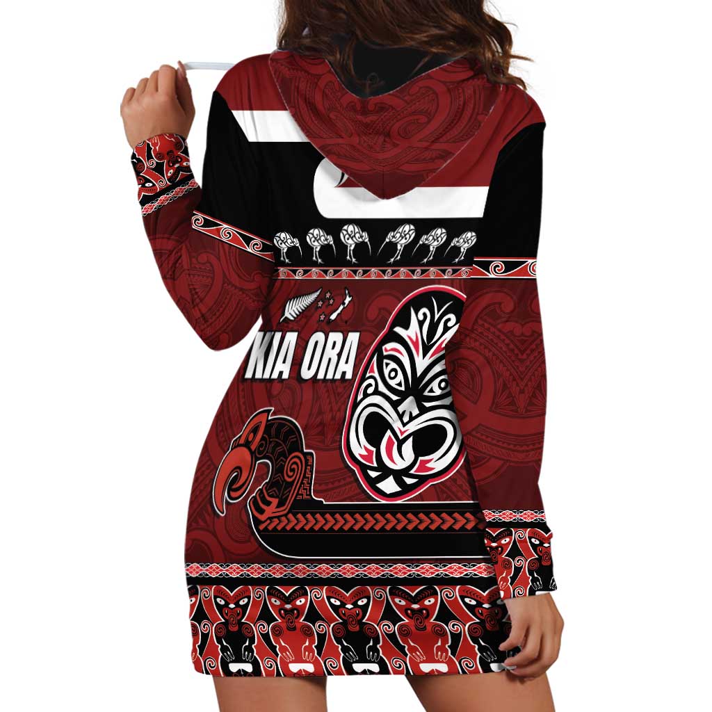 New Zealand Culture Hoodie Dress Kia Ora Aotearoa Moko Tattoo Mask with Waka and Maori Art Pattern LT03 - Polynesian Pride