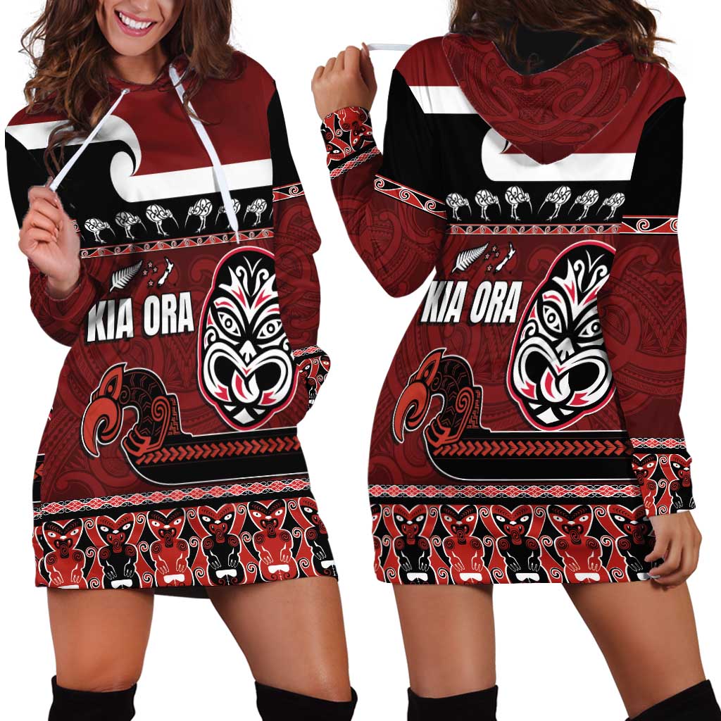 New Zealand Culture Hoodie Dress Kia Ora Aotearoa Moko Tattoo Mask with Waka and Maori Art Pattern LT03 - Polynesian Pride