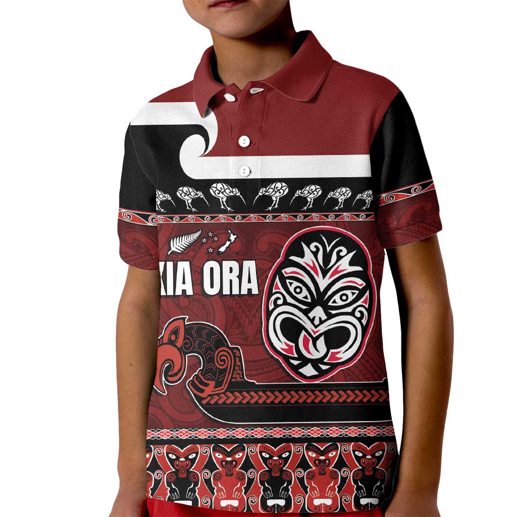 New Zealand Culture Kid Polo Shirt Kia Ora Aotearoa Moko Tattoo Mask with Waka and Maori Art Pattern