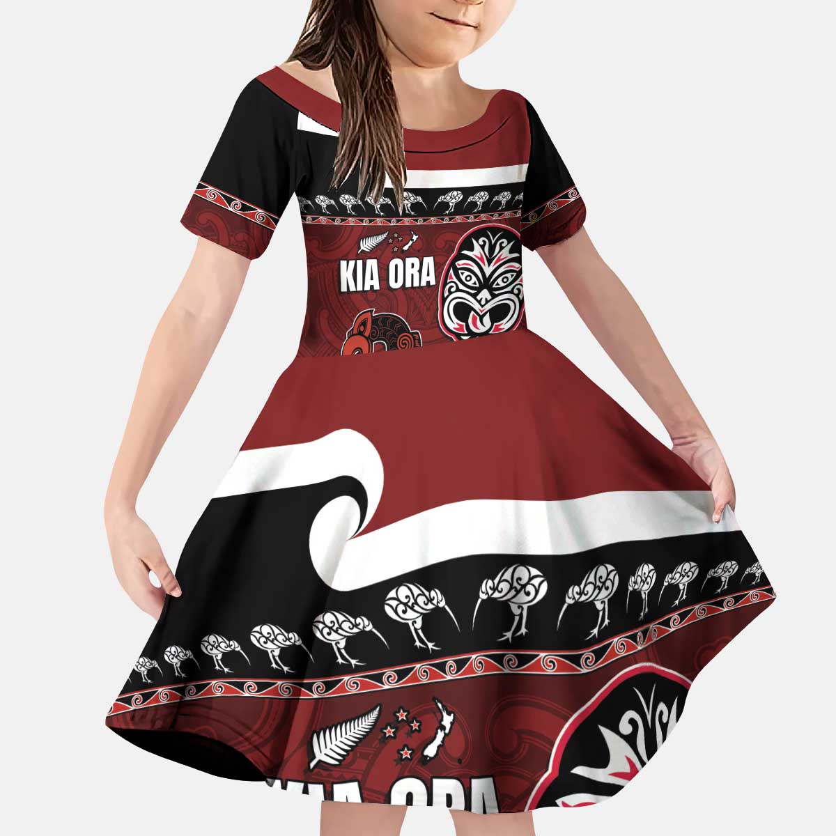 New Zealand Culture Kid Short Sleeve Dress Kia Ora Aotearoa Moko Tattoo Mask with Waka and Maori Art Pattern