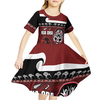 New Zealand Culture Kid Short Sleeve Dress Kia Ora Aotearoa Moko Tattoo Mask with Waka and Maori Art Pattern