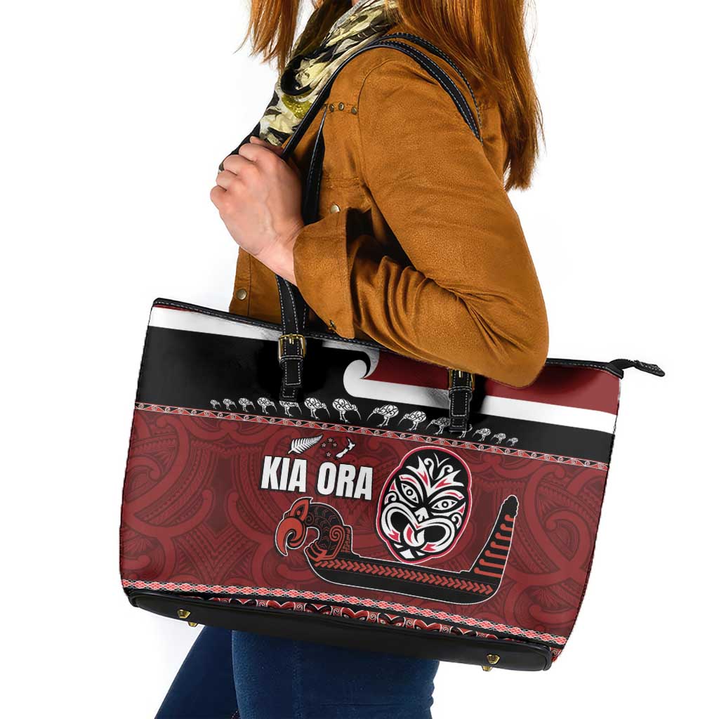 New Zealand Culture Leather Tote Bag Kia Ora Aotearoa Moko Tattoo Mask with Waka and Maori Art Pattern