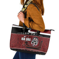 New Zealand Culture Leather Tote Bag Kia Ora Aotearoa Moko Tattoo Mask with Waka and Maori Art Pattern LT03 Red - Polynesian Pride