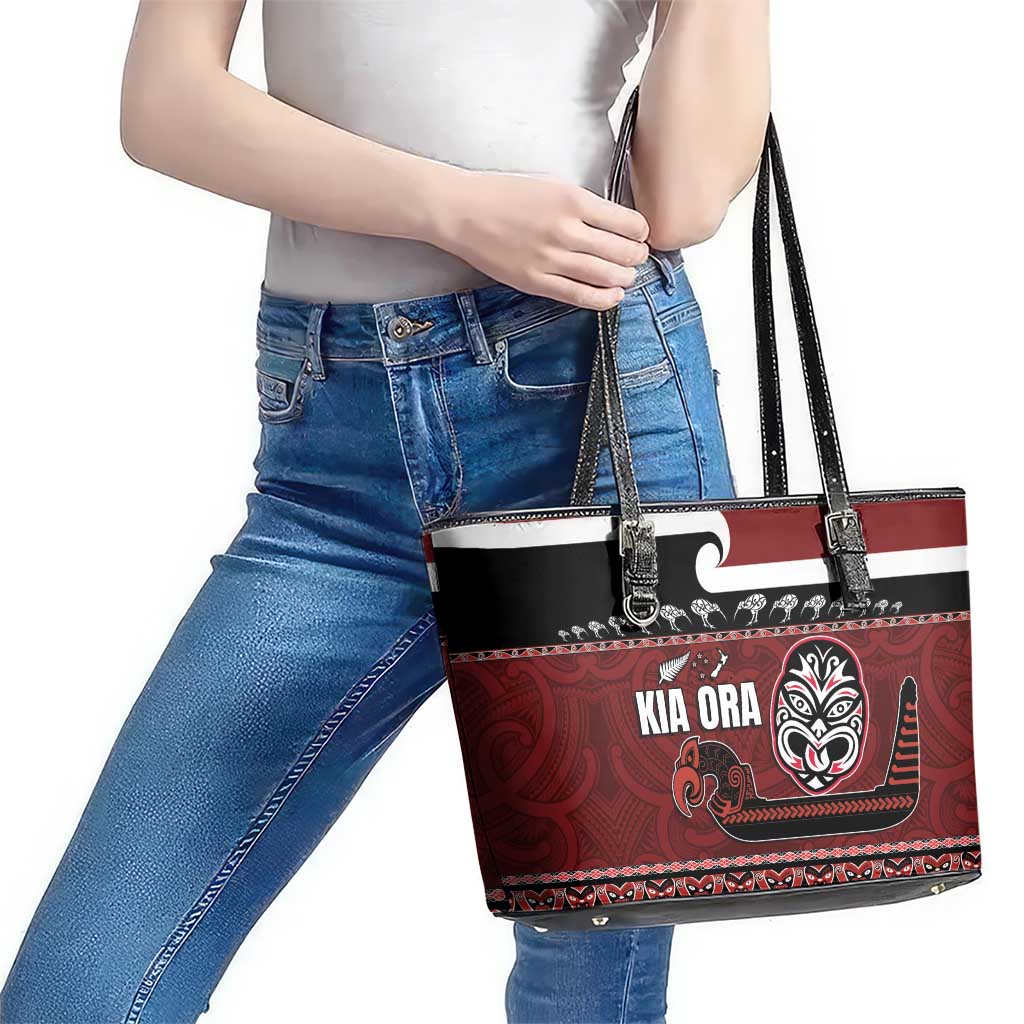 New Zealand Culture Leather Tote Bag Kia Ora Aotearoa Moko Tattoo Mask with Waka and Maori Art Pattern LT03 - Polynesian Pride