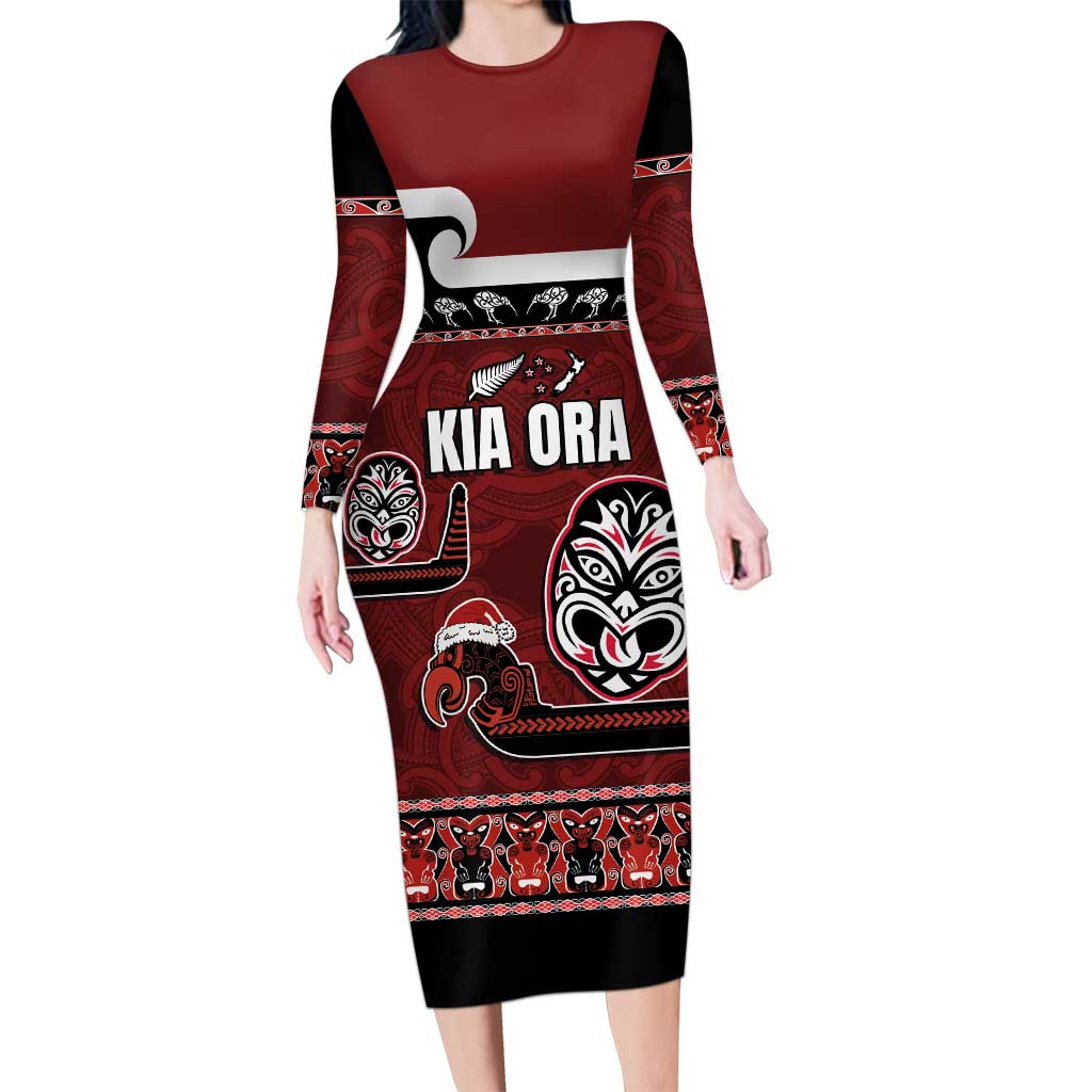 New Zealand Culture Long Sleeve Bodycon Dress Kia Ora Aotearoa Moko Tattoo Mask with Waka and Maori Art Pattern LT03 Long Dress Red - Polynesian Pride