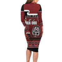 New Zealand Culture Long Sleeve Bodycon Dress Kia Ora Aotearoa Moko Tattoo Mask with Waka and Maori Art Pattern LT03 - Polynesian Pride