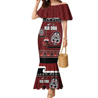 New Zealand Culture Mermaid Dress Kia Ora Aotearoa Moko Tattoo Mask with Waka and Maori Art Pattern LT03 Women Red - Polynesian Pride