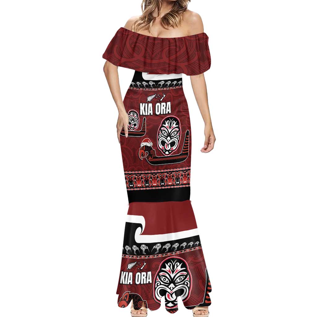 New Zealand Culture Mermaid Dress Kia Ora Aotearoa Moko Tattoo Mask with Waka and Maori Art Pattern LT03 - Polynesian Pride