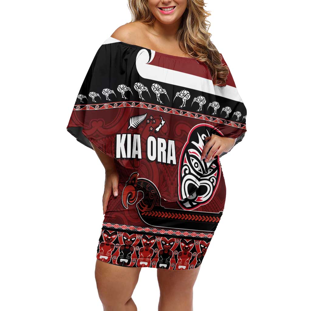 New Zealand Culture Off Shoulder Short Dress Kia Ora Aotearoa Moko Tattoo Mask with Waka and Maori Art Pattern