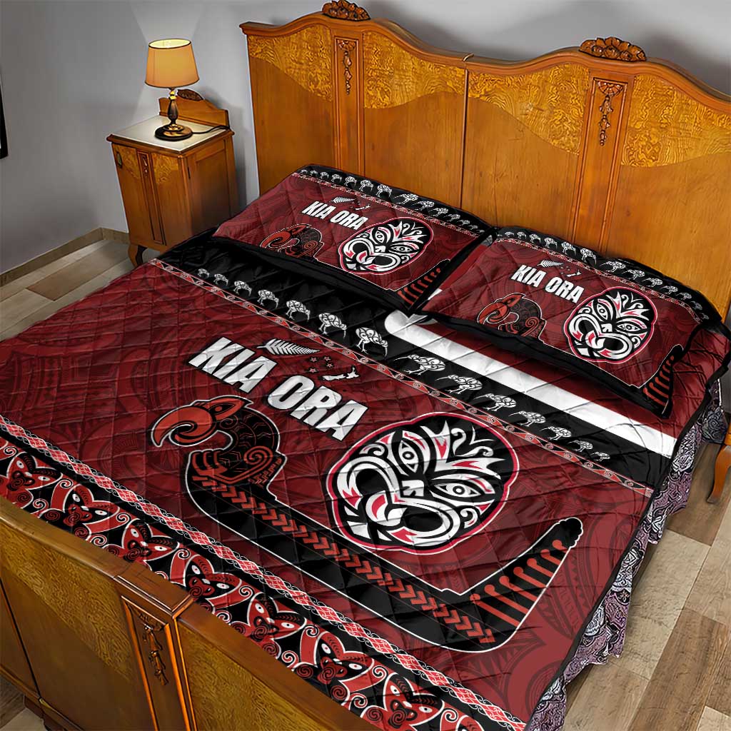 New Zealand Culture Quilt Bed Set Kia Ora Aotearoa Moko Tattoo Mask with Waka and Maori Art Pattern