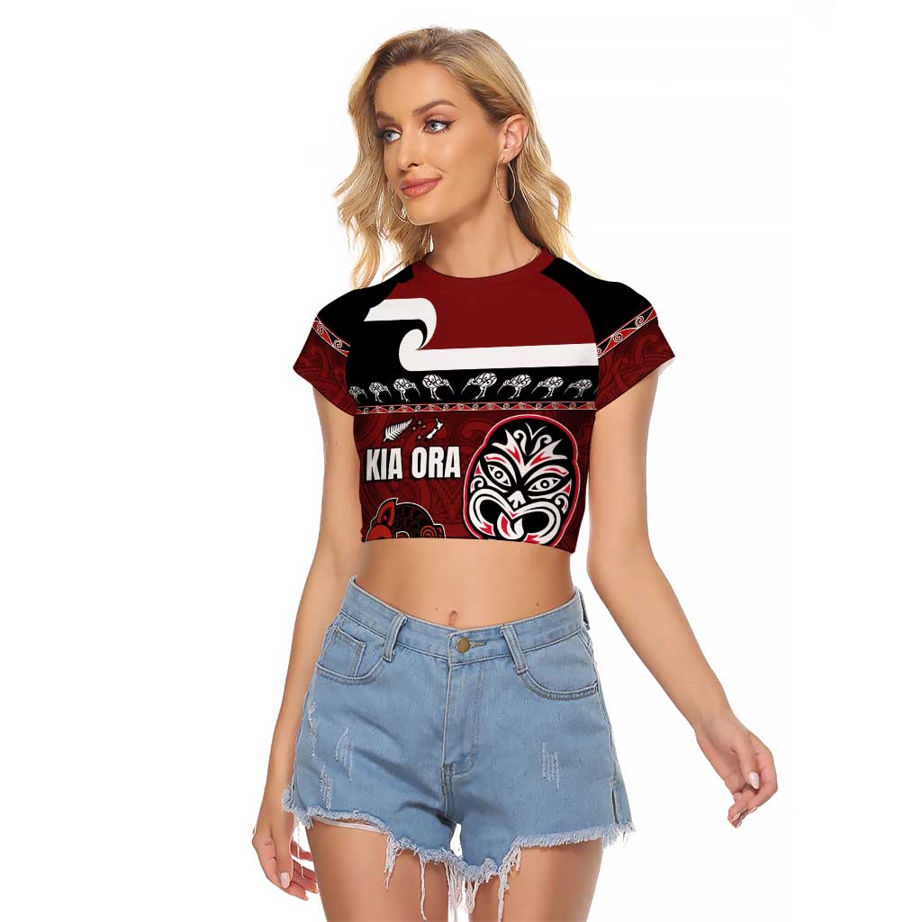 New Zealand Culture Raglan Cropped T Shirt Kia Ora Aotearoa Moko Tattoo Mask with Waka and Maori Art Pattern