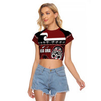 New Zealand Culture Raglan Cropped T Shirt Kia Ora Aotearoa Moko Tattoo Mask with Waka and Maori Art Pattern LT03 Female Red - Polynesian Pride