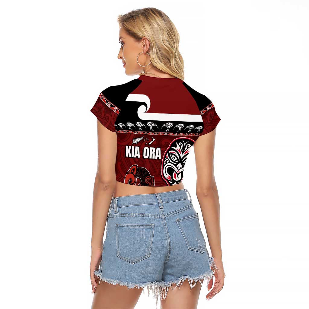 New Zealand Culture Raglan Cropped T Shirt Kia Ora Aotearoa Moko Tattoo Mask with Waka and Maori Art Pattern LT03 - Polynesian Pride