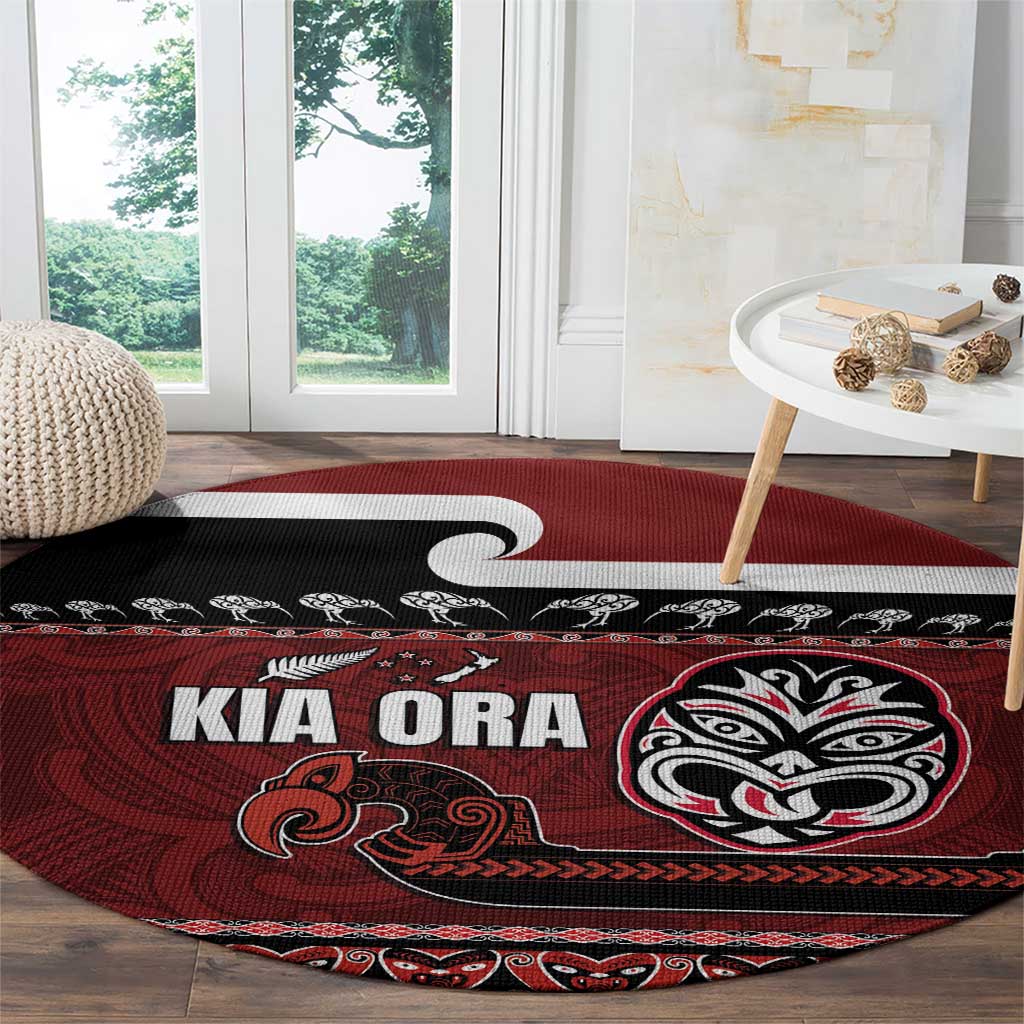 New Zealand Culture Round Carpet Kia Ora Aotearoa Moko Tattoo Mask with Waka and Maori Art Pattern