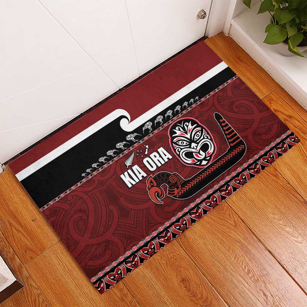 New Zealand Culture Rubber Doormat Kia Ora Aotearoa Moko Tattoo Mask with Waka and Maori Art Pattern LT03 - Polynesian Pride
