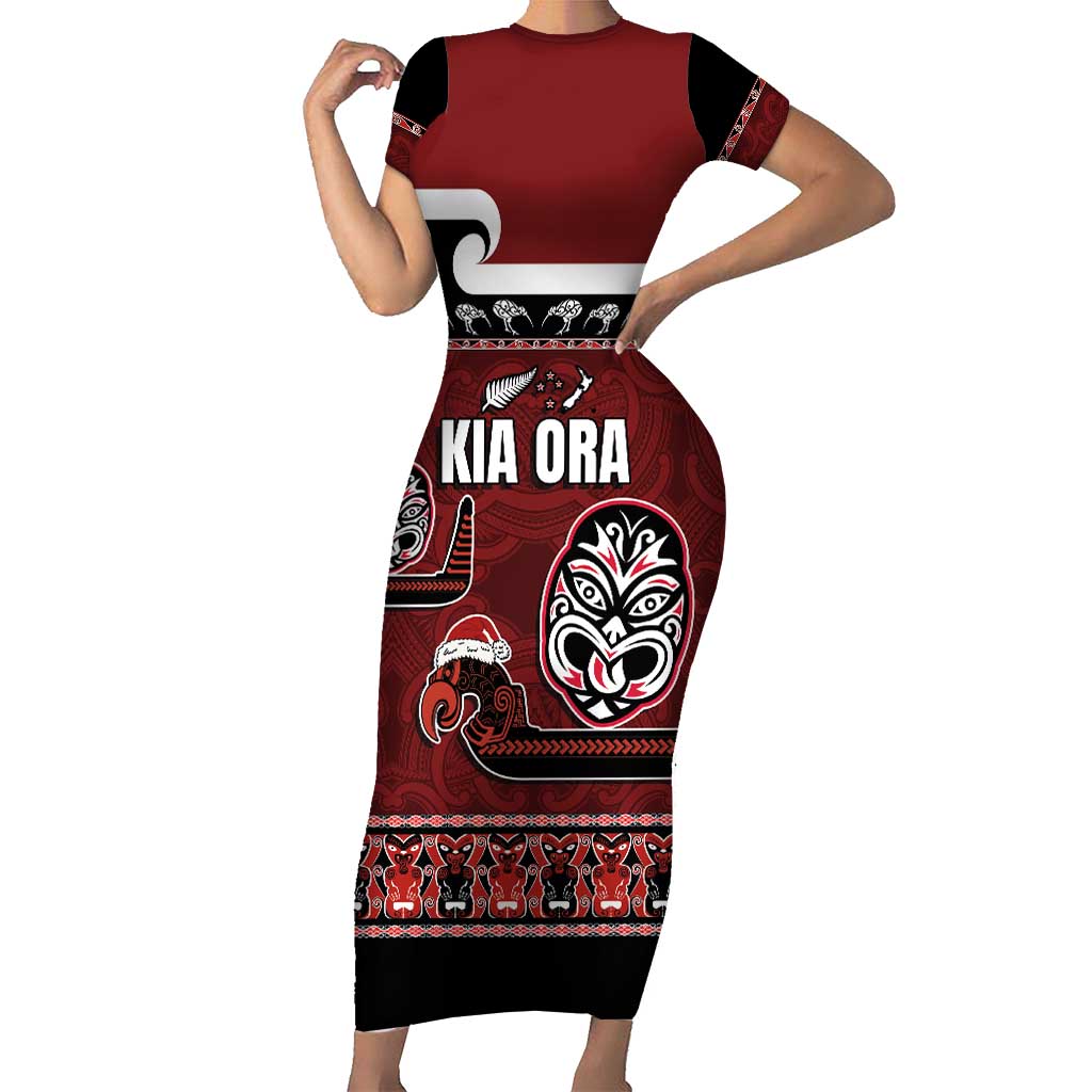 New Zealand Culture Short Sleeve Bodycon Dress Kia Ora Aotearoa Moko Tattoo Mask with Waka and Maori Art Pattern