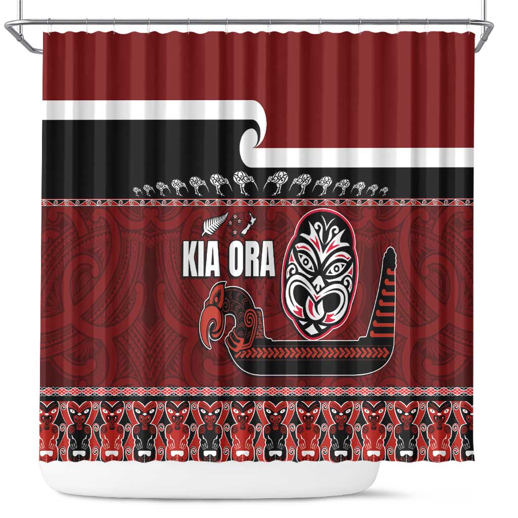 New Zealand Culture Shower Curtain Kia Ora Aotearoa Moko Tattoo Mask with Waka and Maori Art Pattern LT03 Red - Polynesian Pride