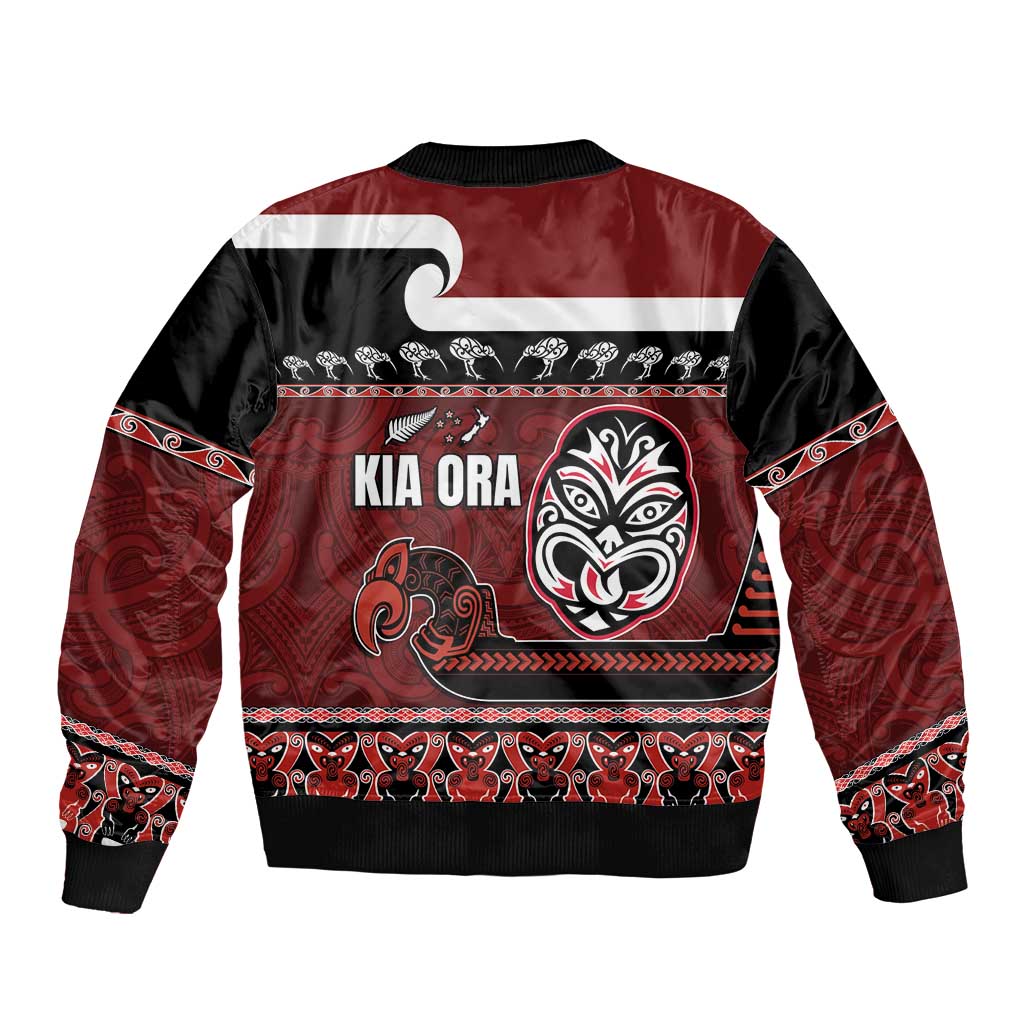 New Zealand Culture Sleeve Zip Bomber Jacket Kia Ora Aotearoa Moko Tattoo Mask with Waka and Maori Art Pattern LT03 - Polynesian Pride