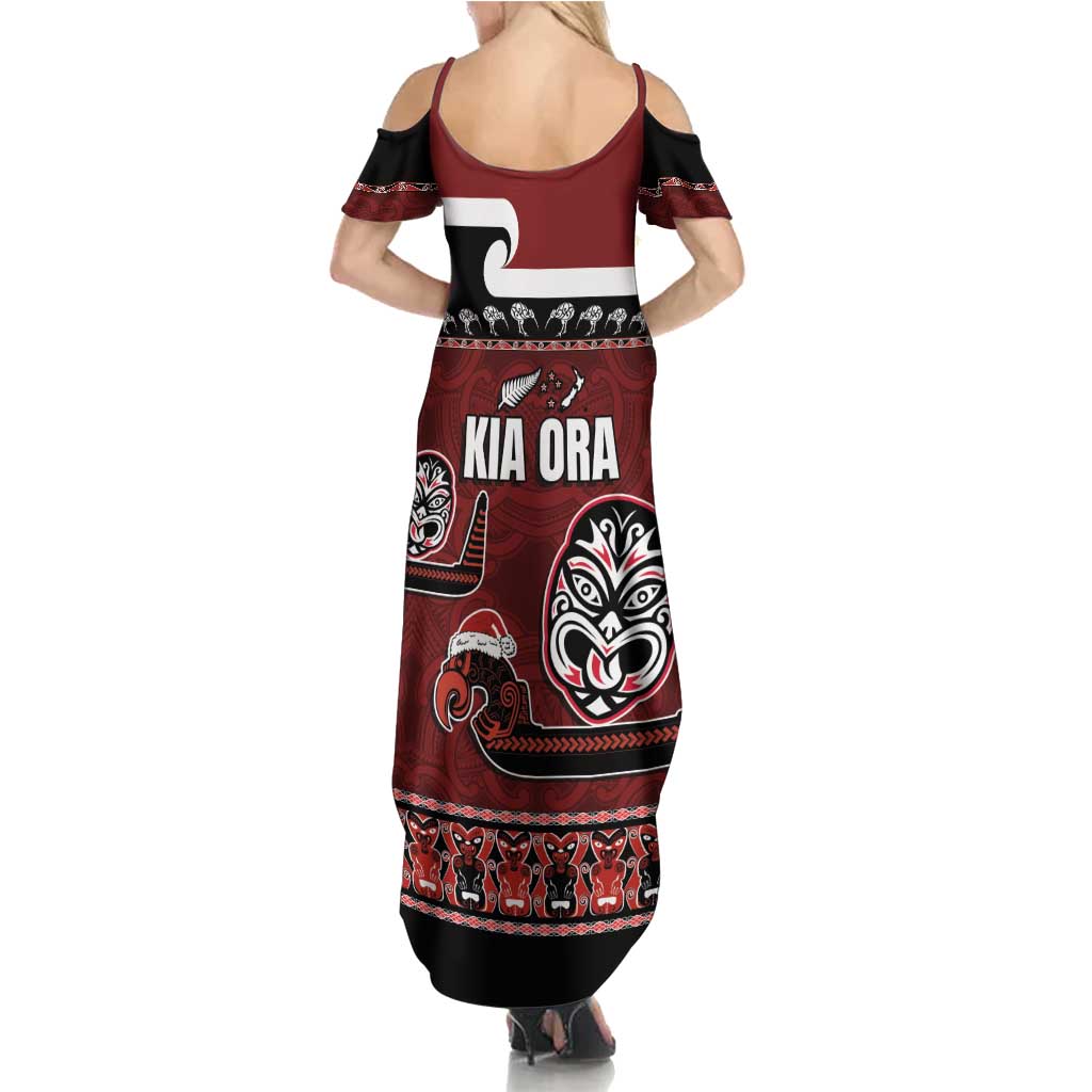 New Zealand Culture Summer Maxi Dress Kia Ora Aotearoa Moko Tattoo Mask with Waka and Maori Art Pattern