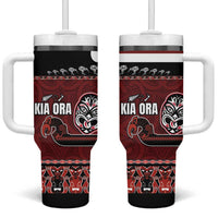 New Zealand Culture Tumbler With Handle Kia Ora Aotearoa Moko Tattoo Mask with Waka and Maori Art Pattern