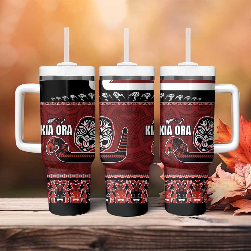 New Zealand Culture Tumbler With Handle Kia Ora Aotearoa Moko Tattoo Mask with Waka and Maori Art Pattern