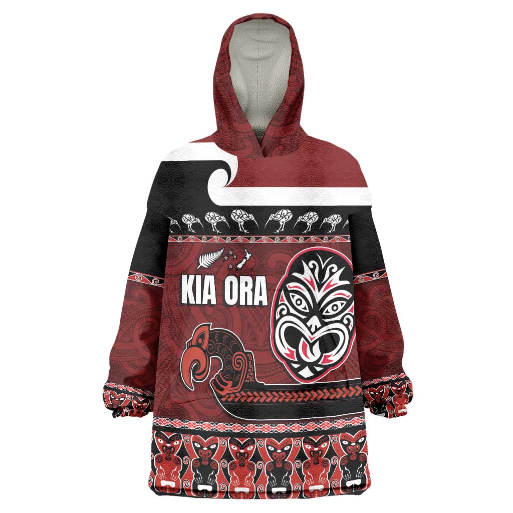 New Zealand Culture Wearable Blanket Hoodie Kia Ora Aotearoa Moko Tattoo Mask with Waka and Maori Art Pattern