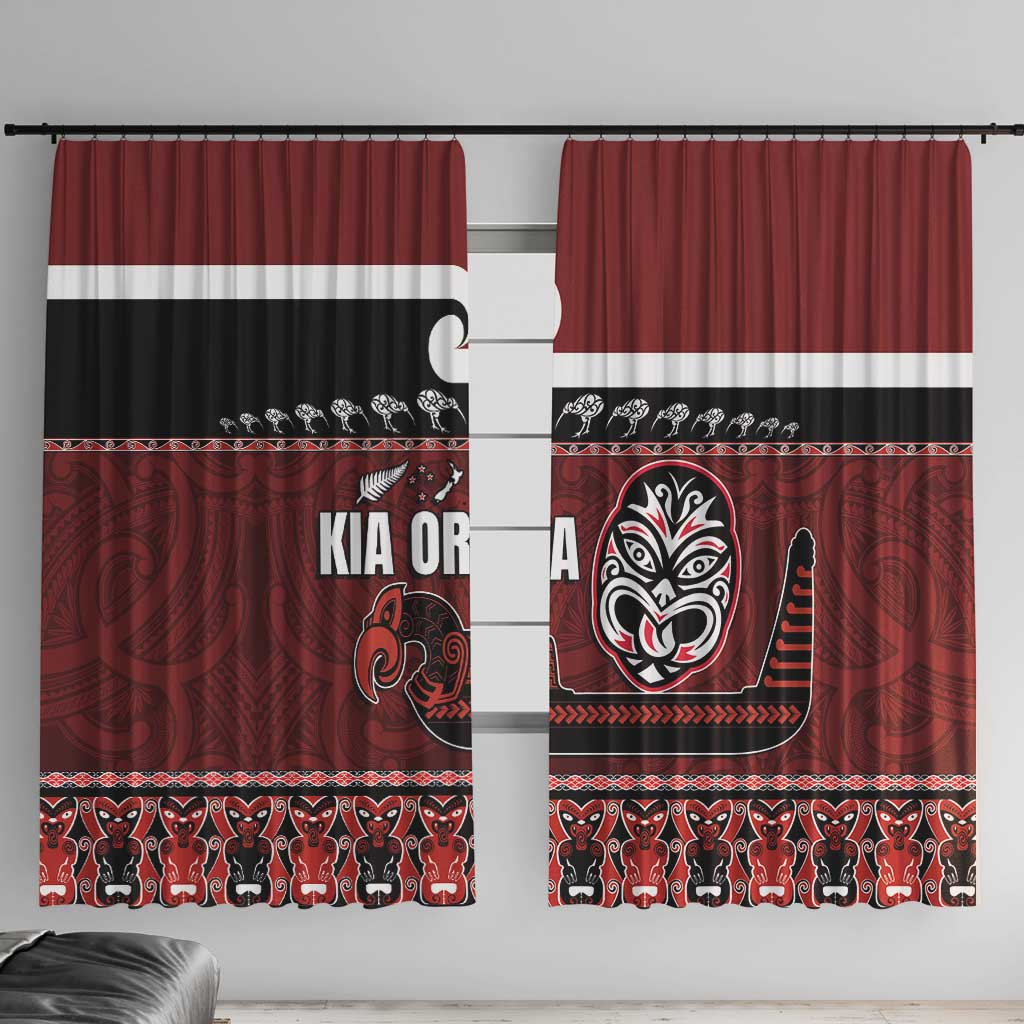 New Zealand Culture Window Curtain Kia Ora Aotearoa Moko Tattoo Mask with Waka and Maori Art Pattern LT03 With Hooks Red - Polynesian Pride