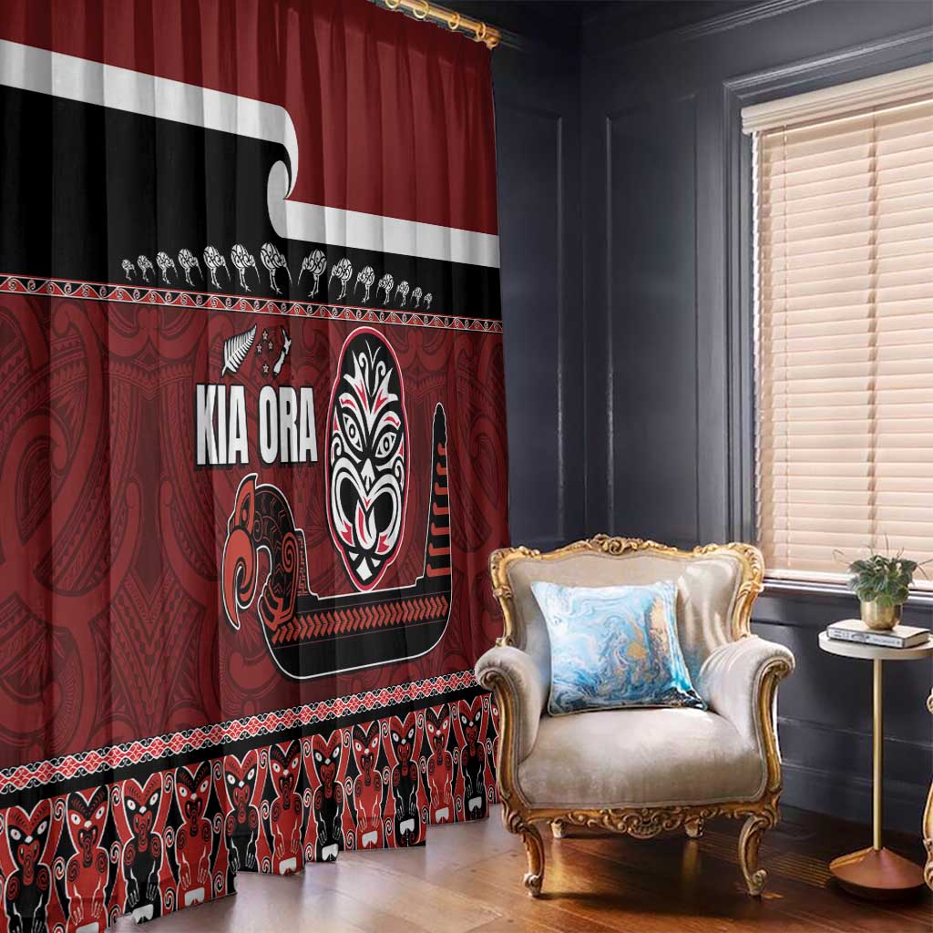New Zealand Culture Window Curtain Kia Ora Aotearoa Moko Tattoo Mask with Waka and Maori Art Pattern LT03 - Polynesian Pride