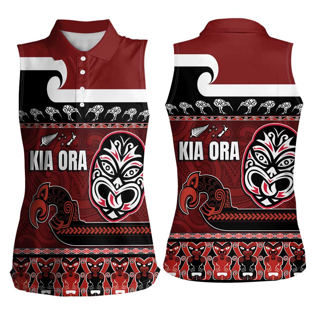 New Zealand Culture Women Sleeveless Polo Shirt Kia Ora Aotearoa Moko Tattoo Mask with Waka and Maori Art Pattern