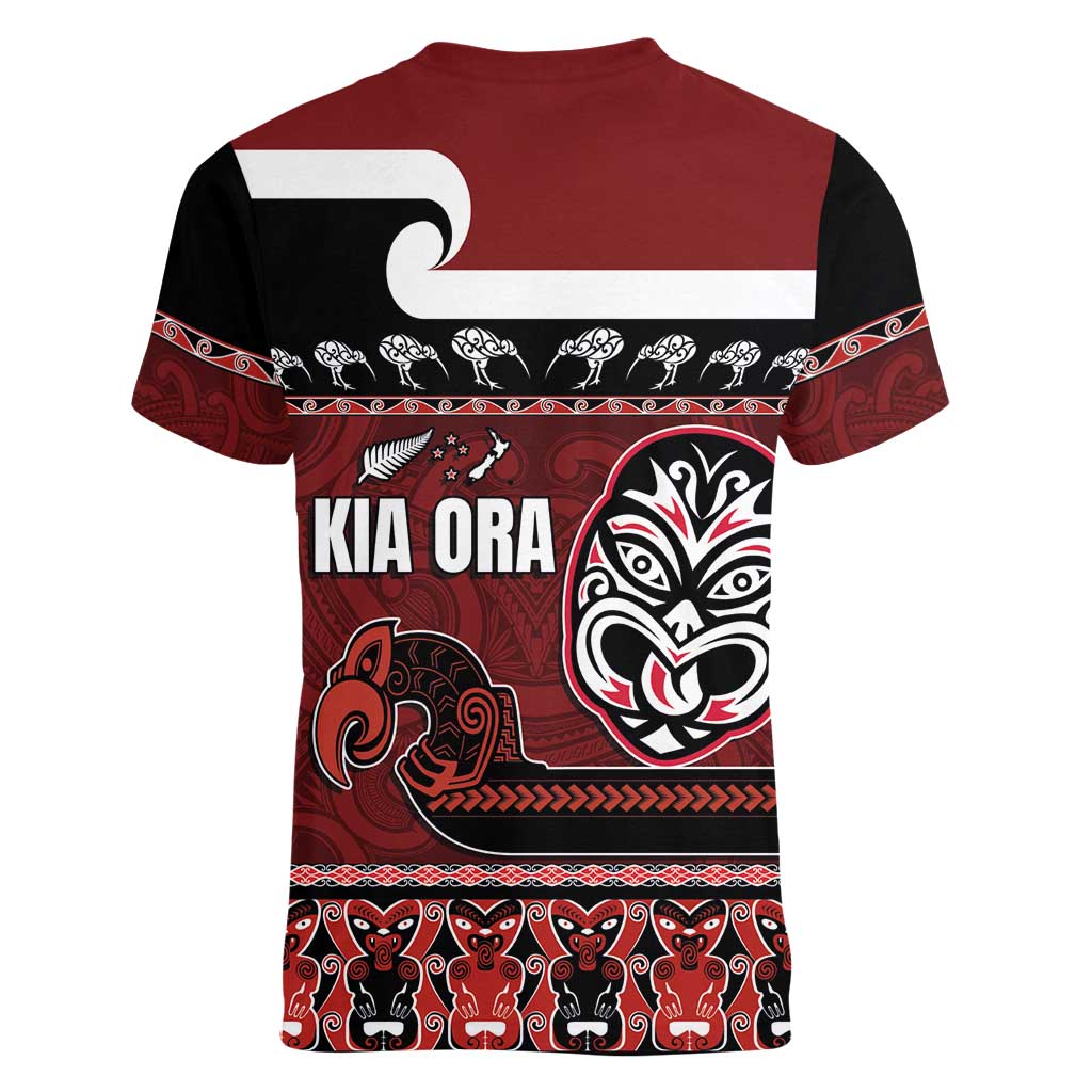 New Zealand Culture Women V-Neck T-Shirt Kia Ora Aotearoa Moko Tattoo Mask with Waka and Maori Art Pattern LT03 - Polynesian Pride