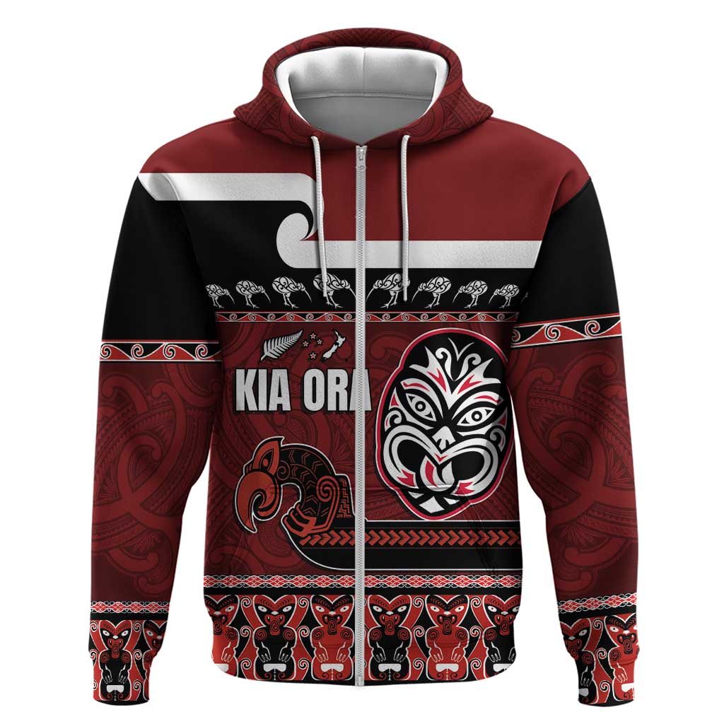 New Zealand Culture Zip Hoodie Kia Ora Aotearoa Moko Tattoo Mask with Waka and Maori Art Pattern LT03 Zip Hoodie Red - Polynesian Pride