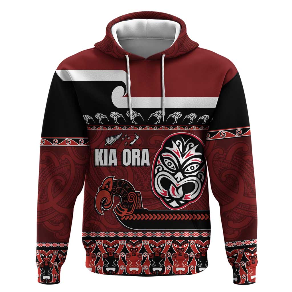 New Zealand Culture Zip Hoodie Kia Ora Aotearoa Moko Tattoo Mask with Waka and Maori Art Pattern LT03 Pullover Hoodie Red - Polynesian Pride