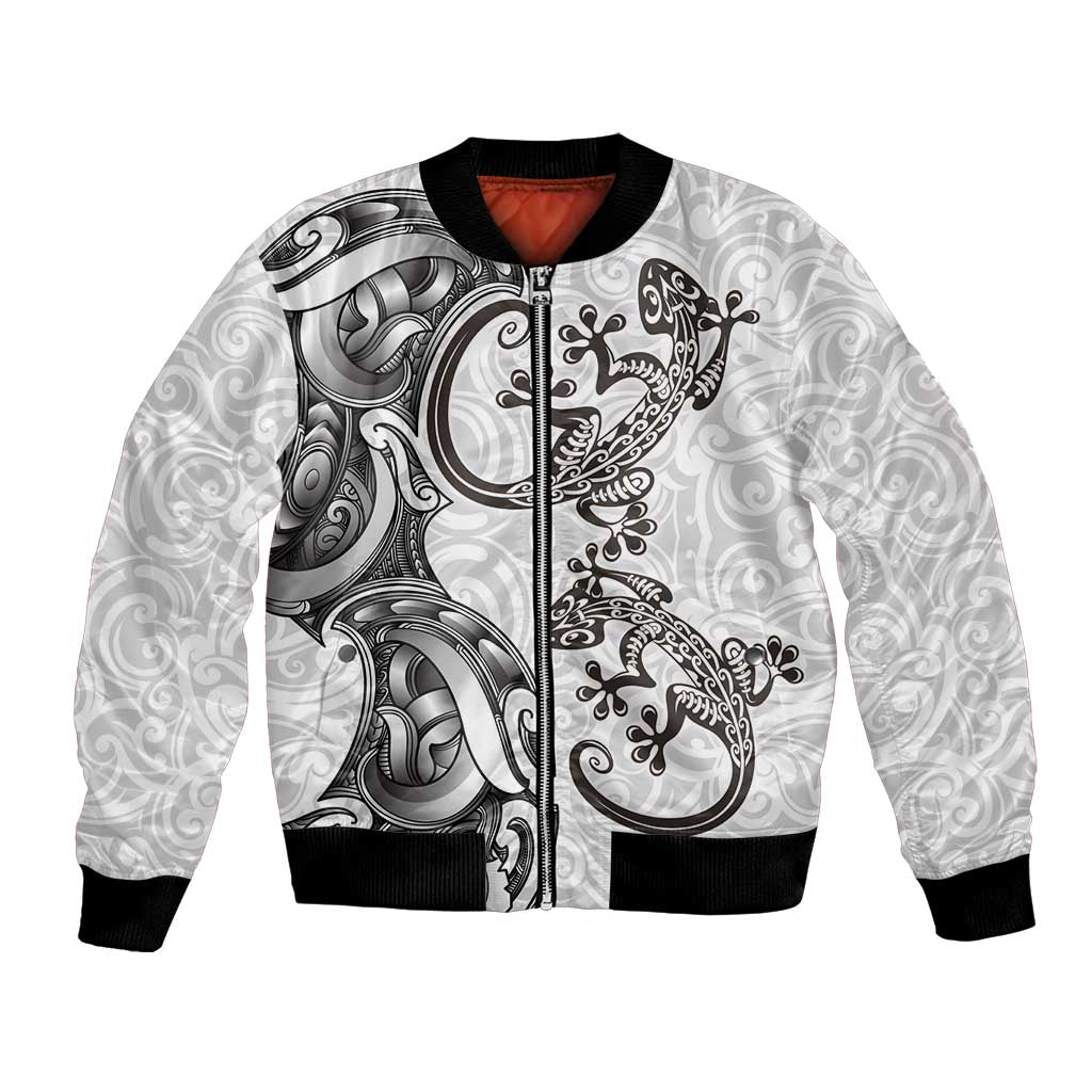 New Zealand Gecko Maori Art Tattoo Bomber Jacket White Color LT03 Unisex White - Polynesian Pride
