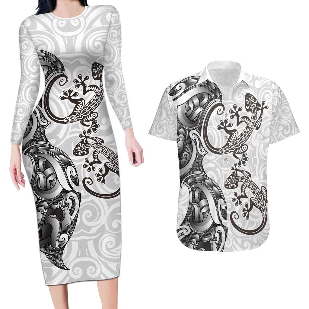 New Zealand Gecko Maori Art Tattoo Couples Matching Long Sleeve Bodycon Dress and Hawaiian Shirt White Color