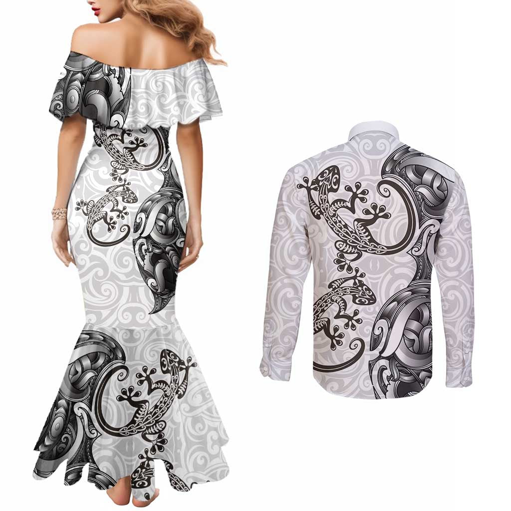 New Zealand Gecko Maori Art Tattoo Couples Matching Mermaid Dress and Long Sleeve Button Shirt White Color LT03 - Polynesian Pride