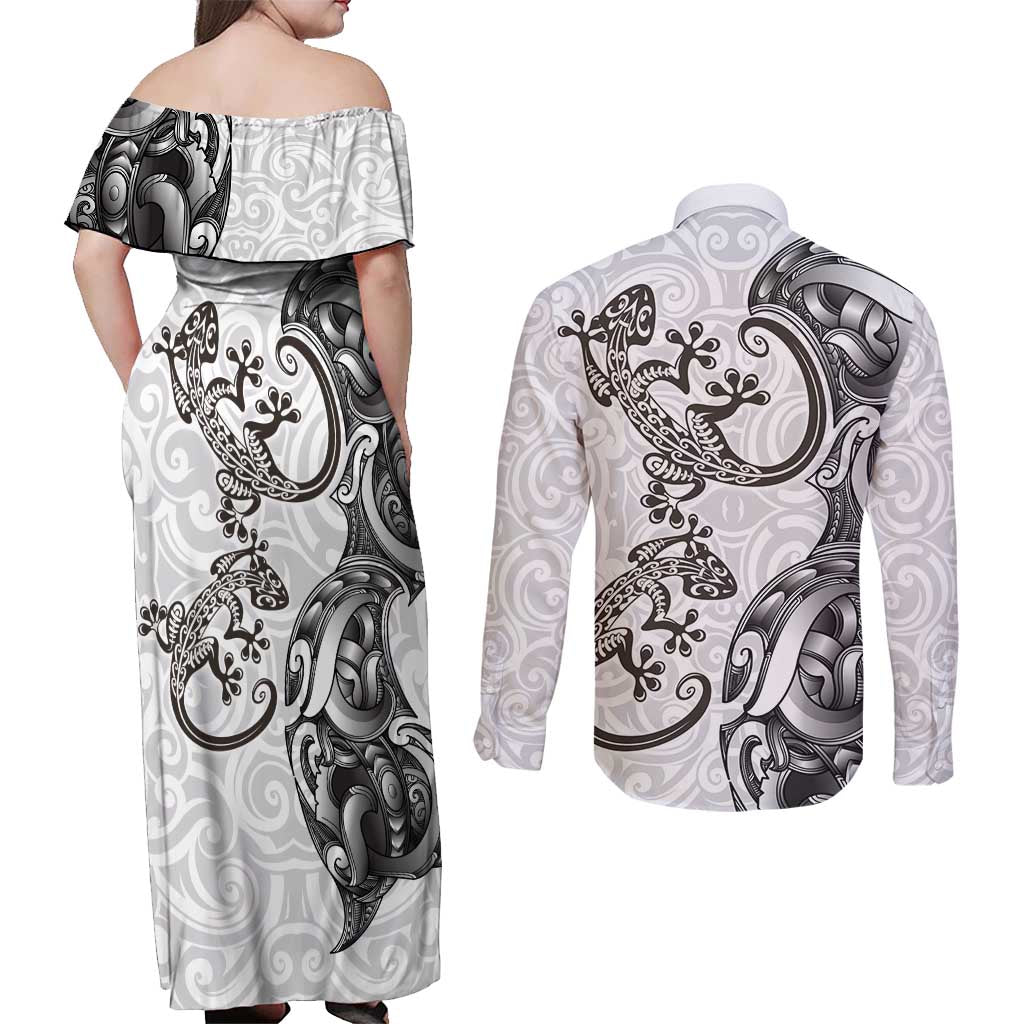 New Zealand Gecko Maori Art Tattoo Couples Matching Off Shoulder Maxi Dress and Long Sleeve Button Shirt White Color LT03 - Polynesian Pride