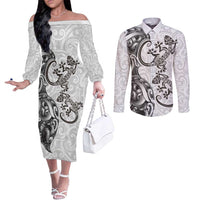 New Zealand Gecko Maori Art Tattoo Couples Matching Off The Shoulder Long Sleeve Dress and Long Sleeve Button Shirt White Color LT03 White - Polynesian Pride