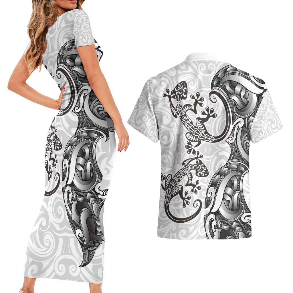 New Zealand Gecko Maori Art Tattoo Couples Matching Short Sleeve Bodycon Dress and Hawaiian Shirt White Color