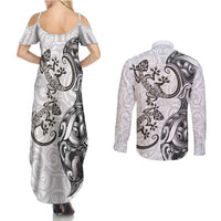 New Zealand Gecko Maori Art Tattoo Couples Matching Summer Maxi Dress and Long Sleeve Button Shirt White Color LT03 - Polynesian Pride