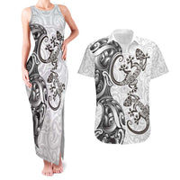 New Zealand Gecko Maori Art Tattoo Couples Matching Tank Maxi Dress and Hawaiian Shirt White Color LT03 White - Polynesian Pride