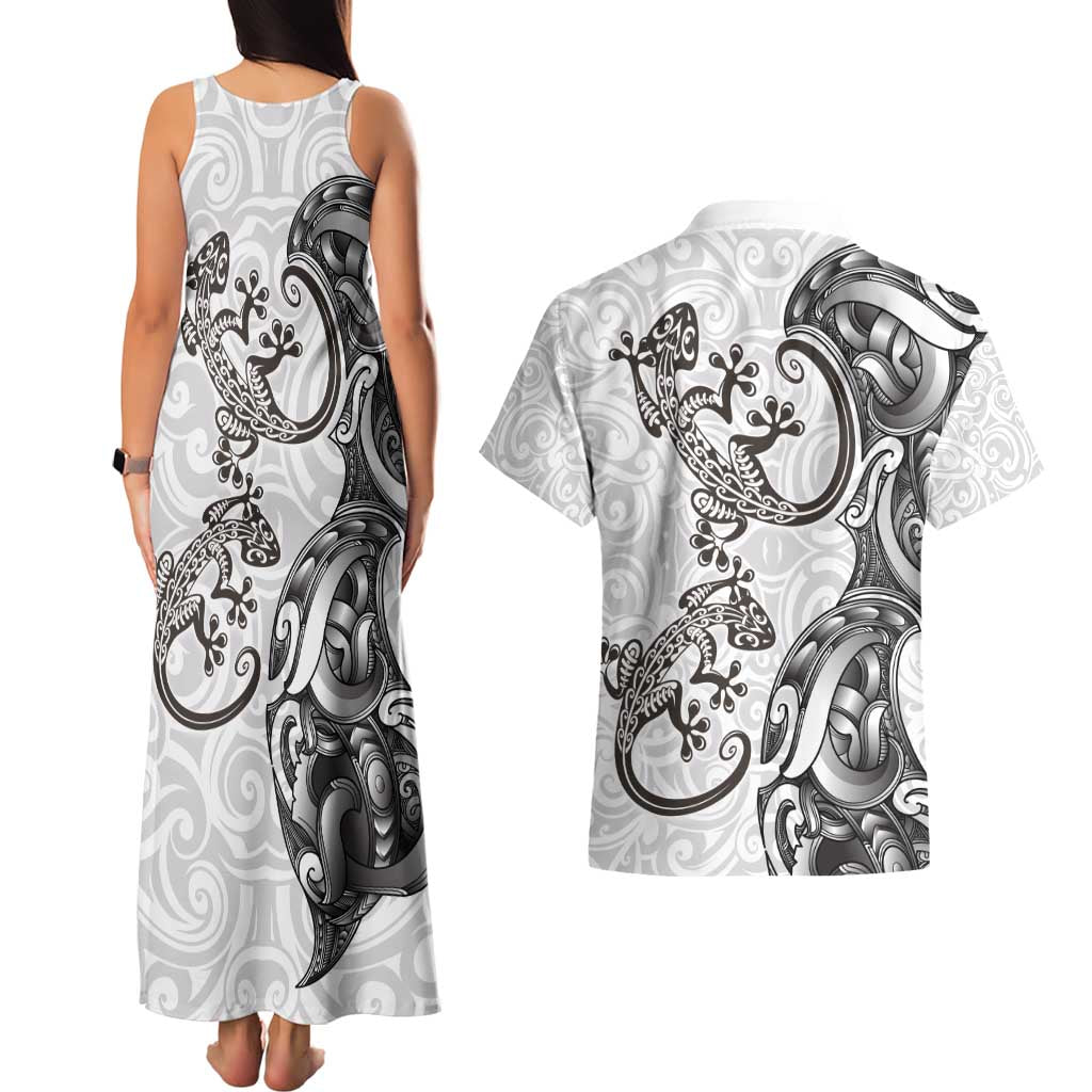 New Zealand Gecko Maori Art Tattoo Couples Matching Tank Maxi Dress and Hawaiian Shirt White Color LT03 - Polynesian Pride