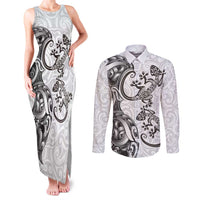 New Zealand Gecko Maori Art Tattoo Couples Matching Tank Maxi Dress and Long Sleeve Button Shirt White Color LT03 White - Polynesian Pride